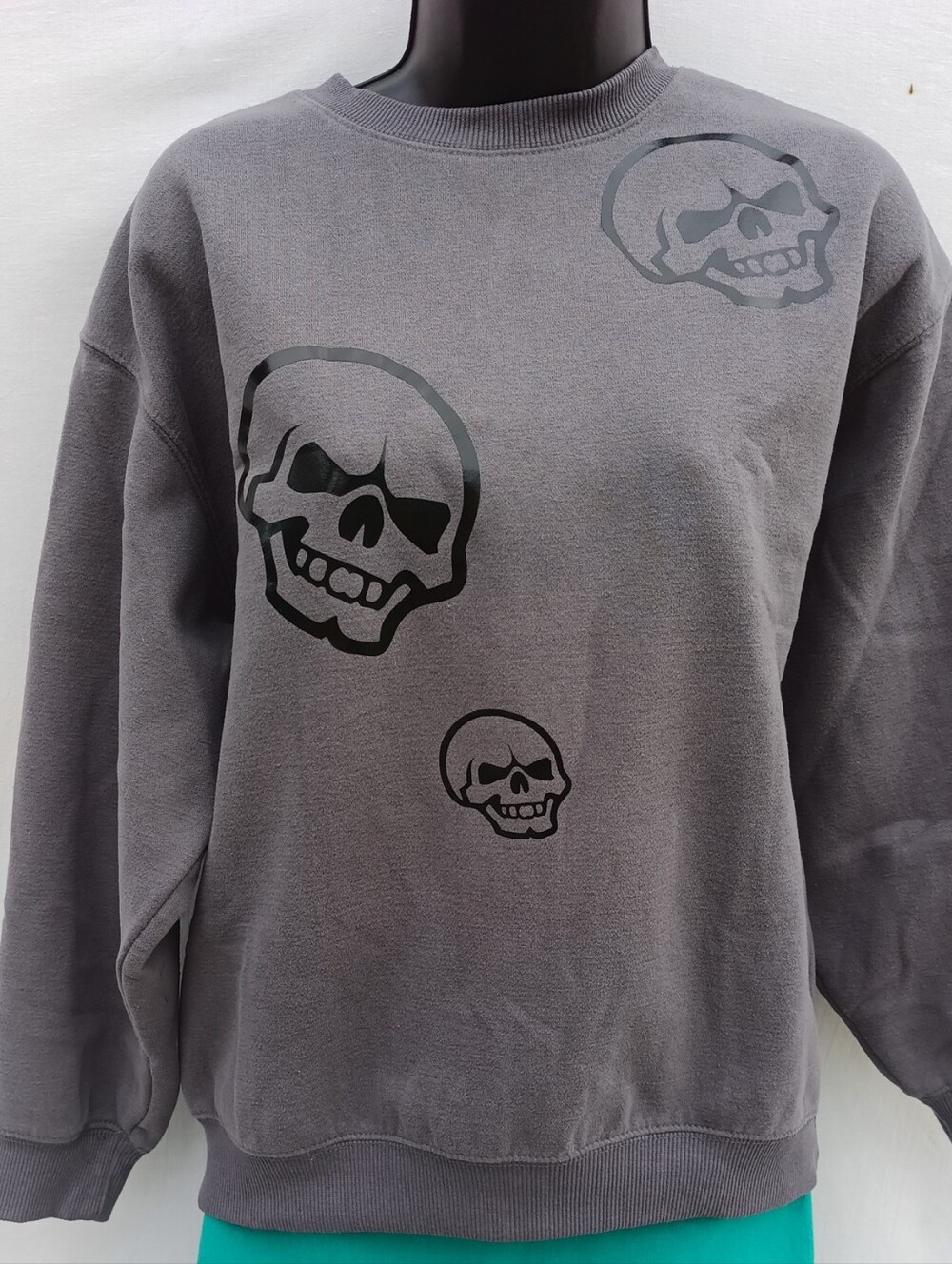 Men's Upcycled Plush Gray Crewneck Sweater W Skull Graphics Front & Back